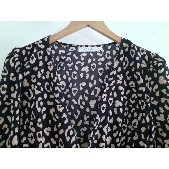 Nic & Jo Black Tan Cheetah Print Self Tie Wrap Around LS Casual Dress M - Picture 6 of 12